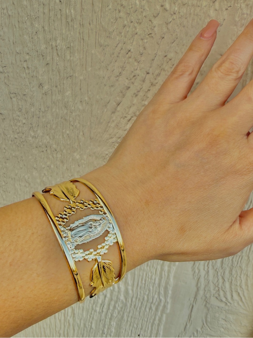 Gold Virgin Mary Open Cuff Bangle Bracelet with Feather & Floral Design